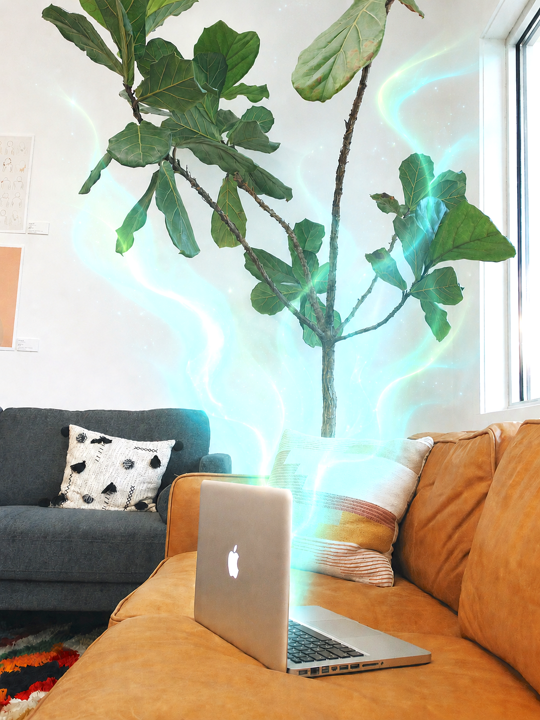 A calm, modern clinical workspace with a plant and laptop, wrapped in an aurora of light.
